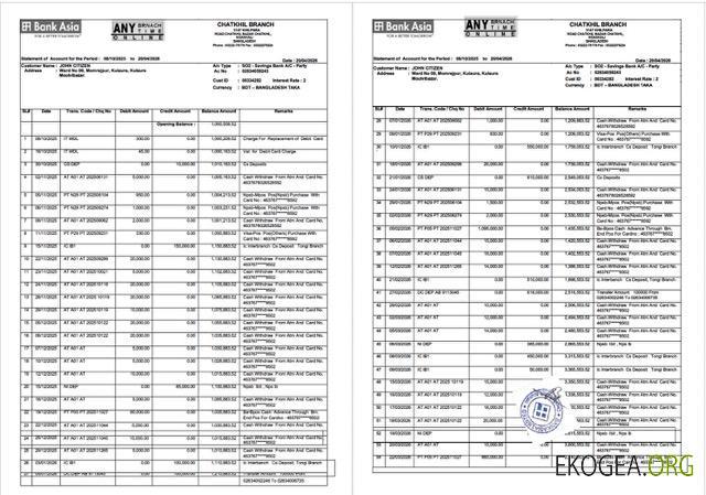 Bangladesh Bank Asia PLC relevé de compte Modèle Word et PDF, 2 pages